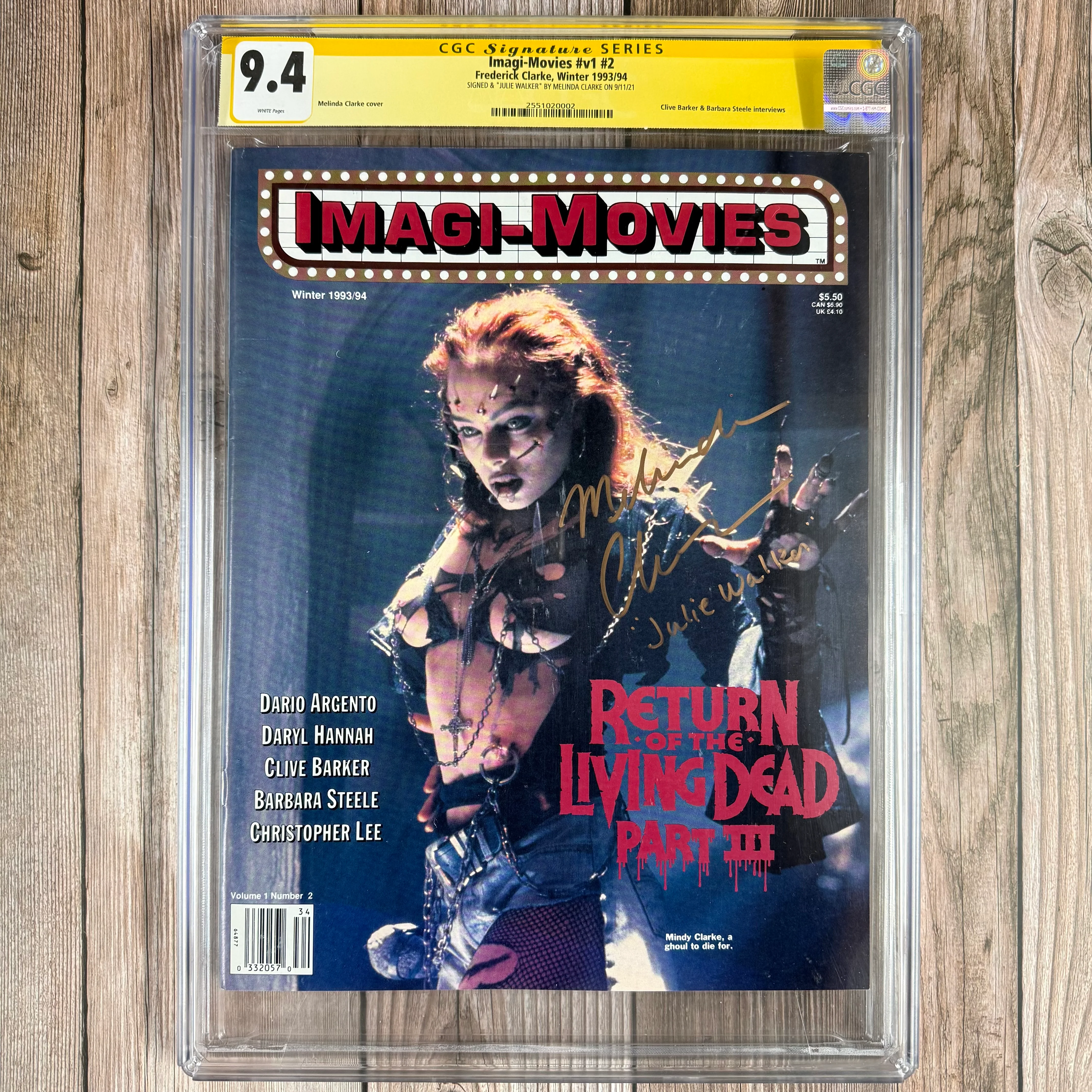 Imagi-Movies #v1 #2 CGC 9.4 WP SS Signed by Melinda Clarke as "Julie Walker", Melinda Clarke Cover, Clive Barker & Barbara Steele interviews (cert:0002)