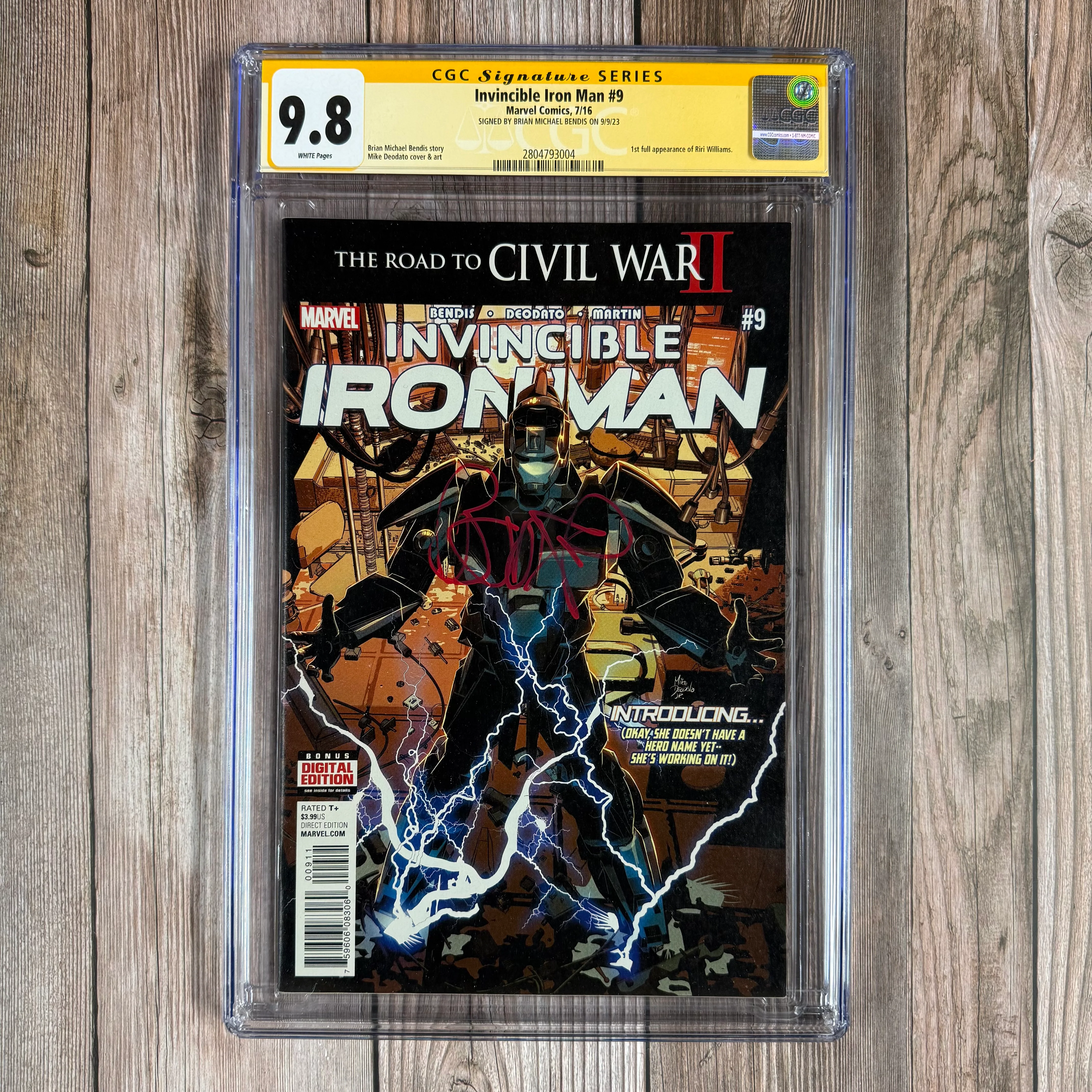 Invincible Iron Man #9 CGC 9.8 WP SS Signed by Brian Michael Bendis, 1st full appearance of Riri Williams (cert:3004)