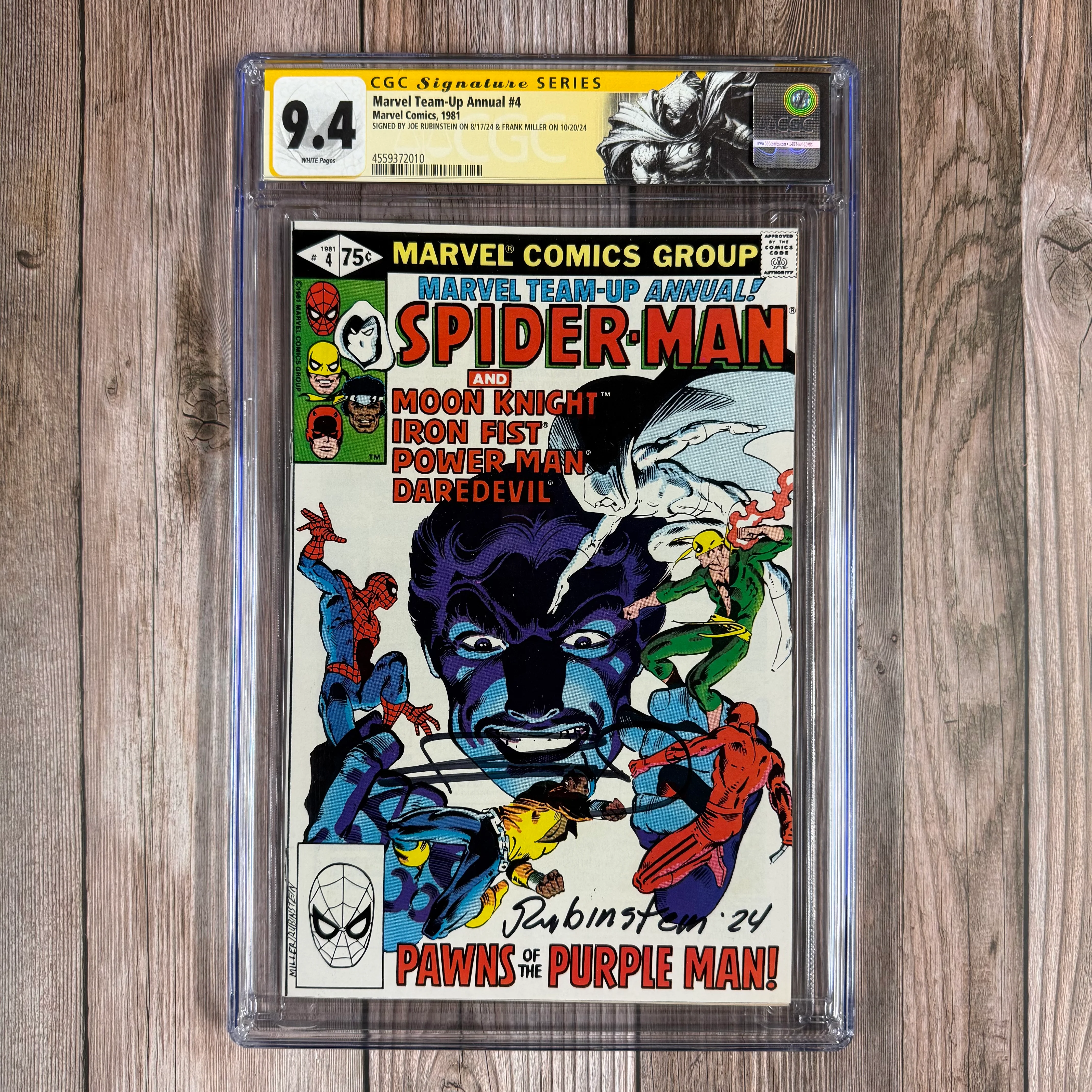 Marvel Team-Up Annual #4 CGC 9.4 WP Custom Label, SS Signed by Joe Rubinstein and Frank Miller 1st meeting and team-up of Moon Knight and Daredevil, Luke Cage, Iron Fist (cert:2010)