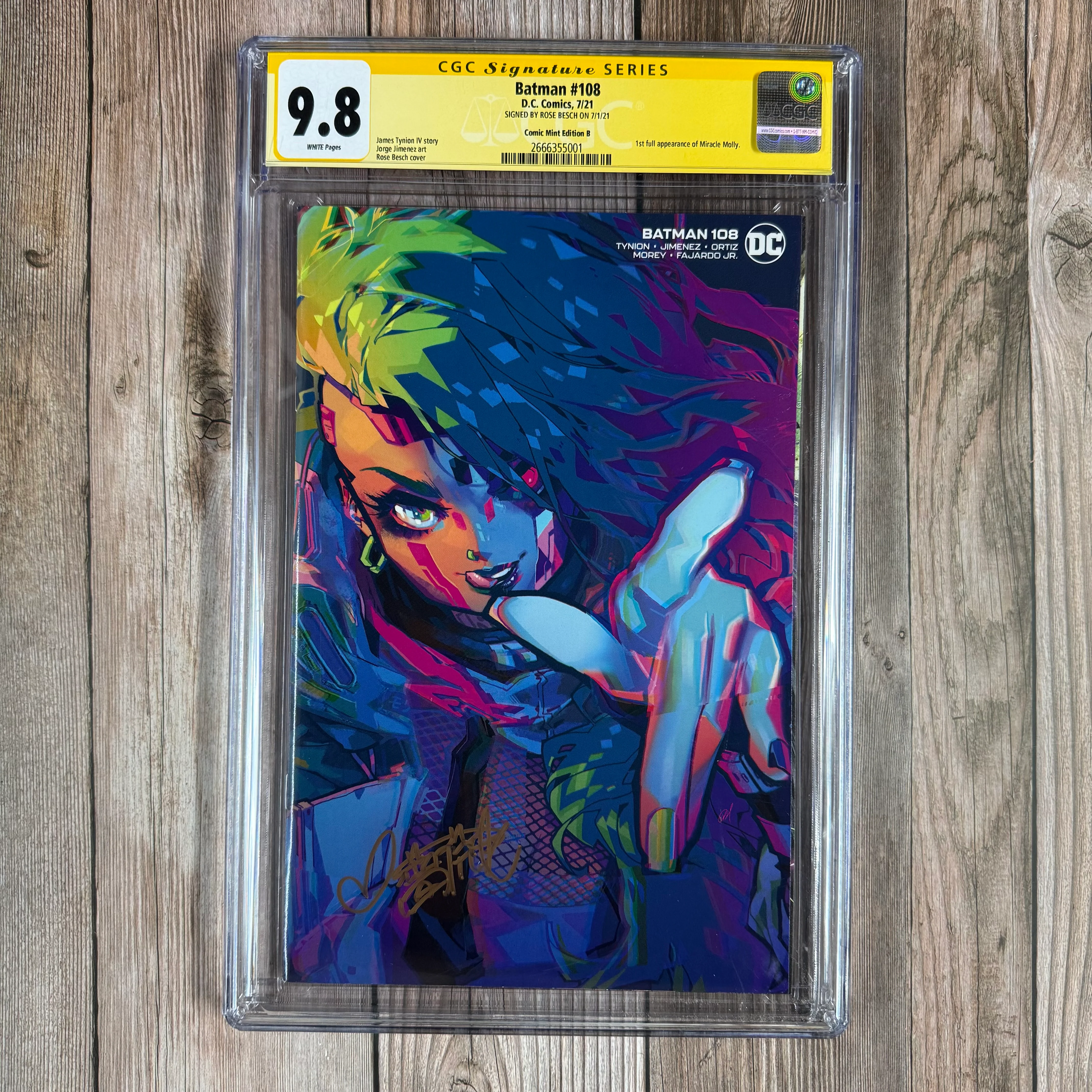 Batman #108 CGC 9.8 WP SS signed by Rose Besch ,Comic Mint Edition B ,Variant cover art by Rose Besch, 1st full appearance of Miracle Molly, Squeak and Master Wyze (Cert 5001)
