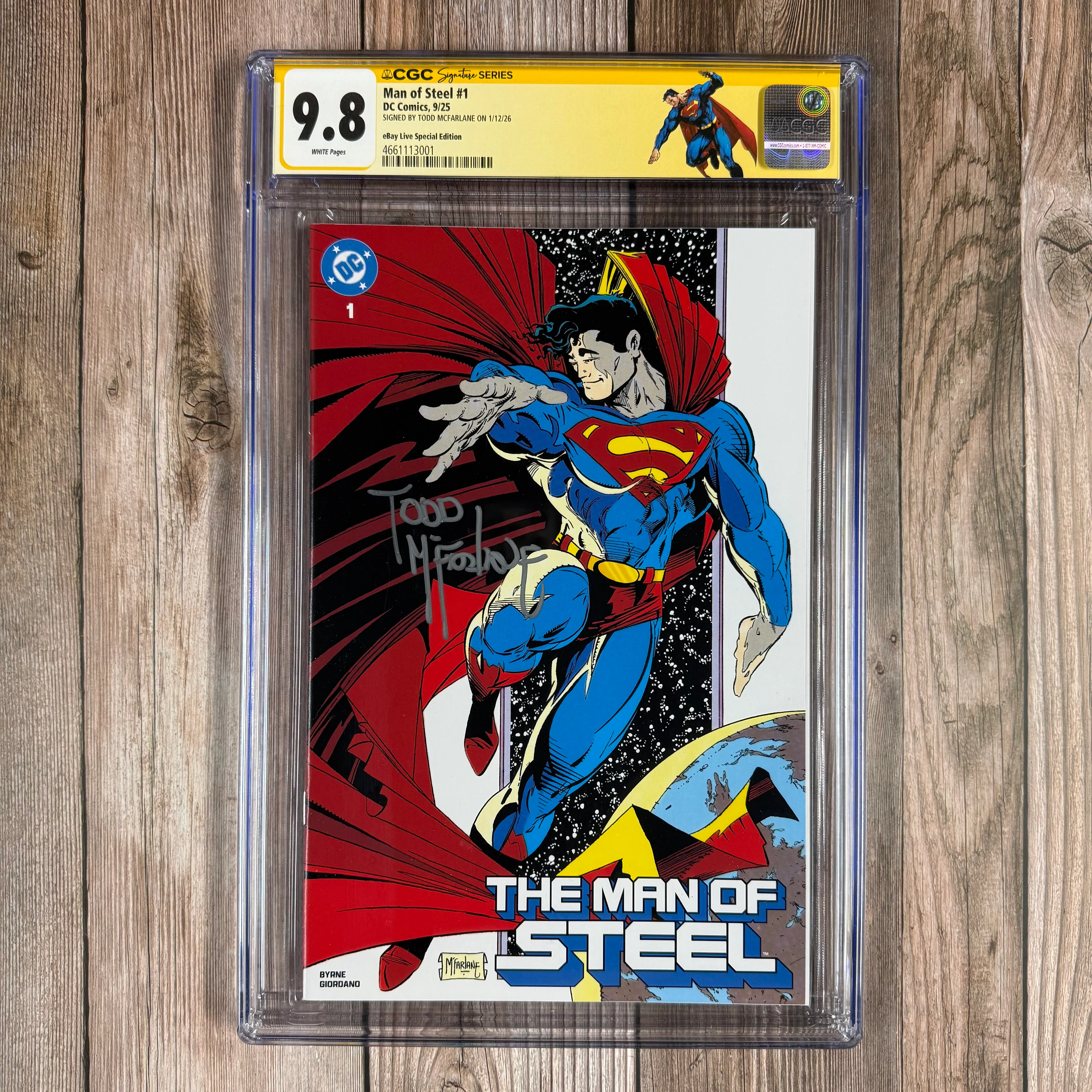 Man of Steel #1 CGC 9.8 WP Custom Label, SS Signed by Todd McFarlane, eBay Live Special Edition , Reprints Man of Steel #1 (1986)(cert:3001)