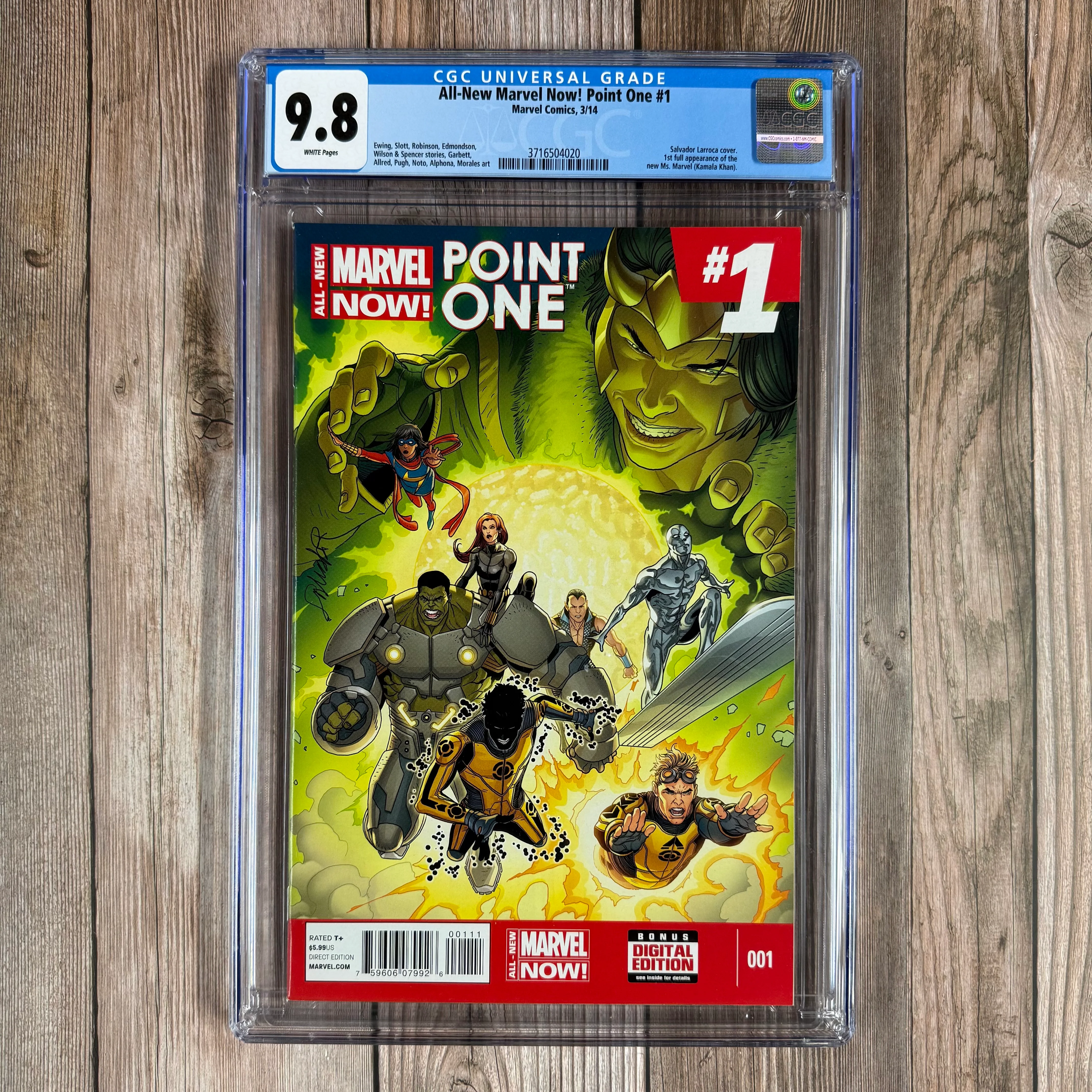 All-New, Marvel Now Point One #1 CGC 9.8 WP 1st full appearance: Kamala Khan as Ms. Marvel in-story; 1st appearances: Bruno Carrelli, Tanalth the Pursuer, Dawn Greenwood, LOW PRINT